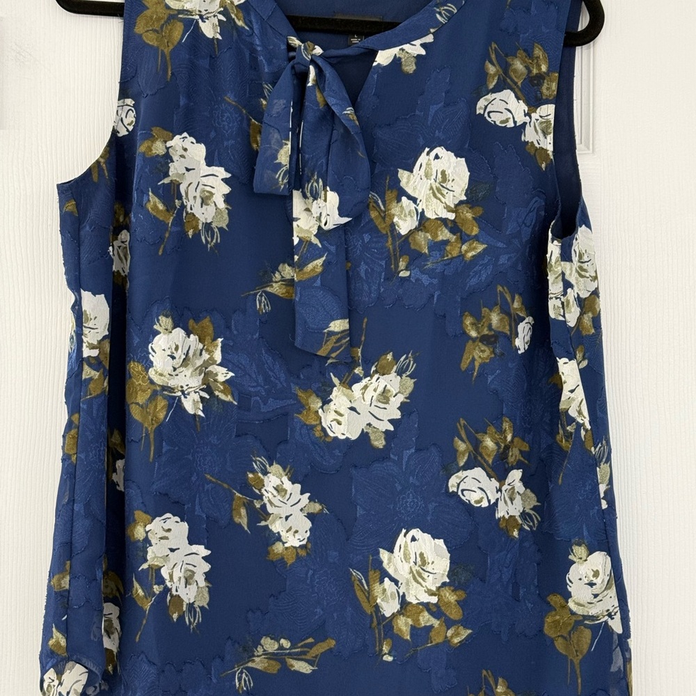 Talbots Large Navy Blue Olive Floral Sleeveless Blue Top Shell Suiting